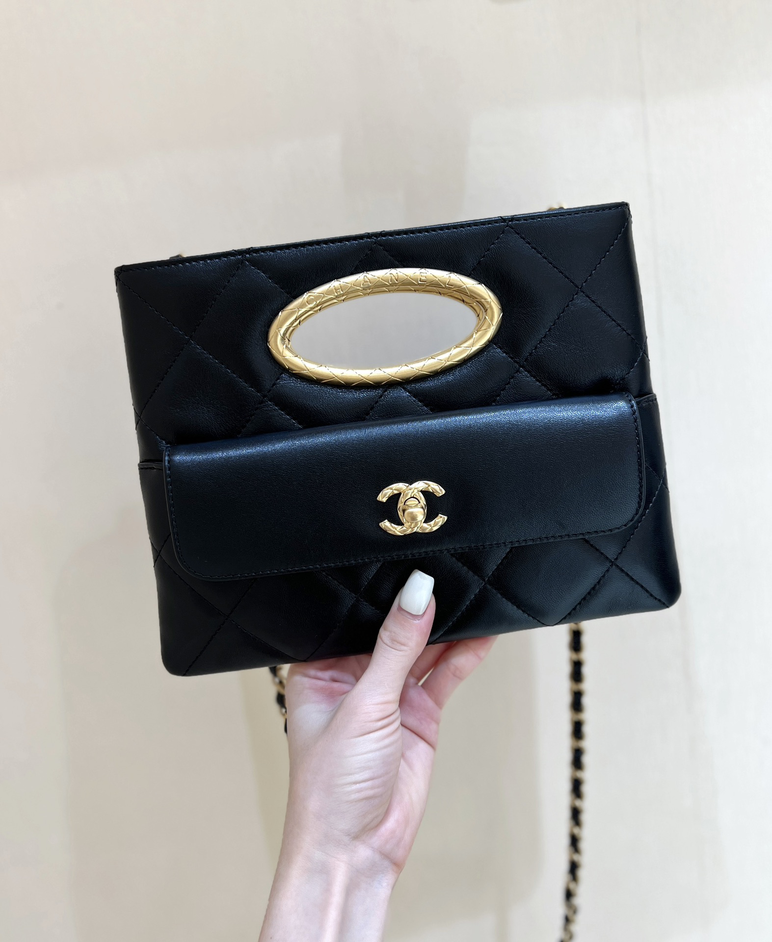 bag1190 Chanel Top Handle Black Gold Hardware