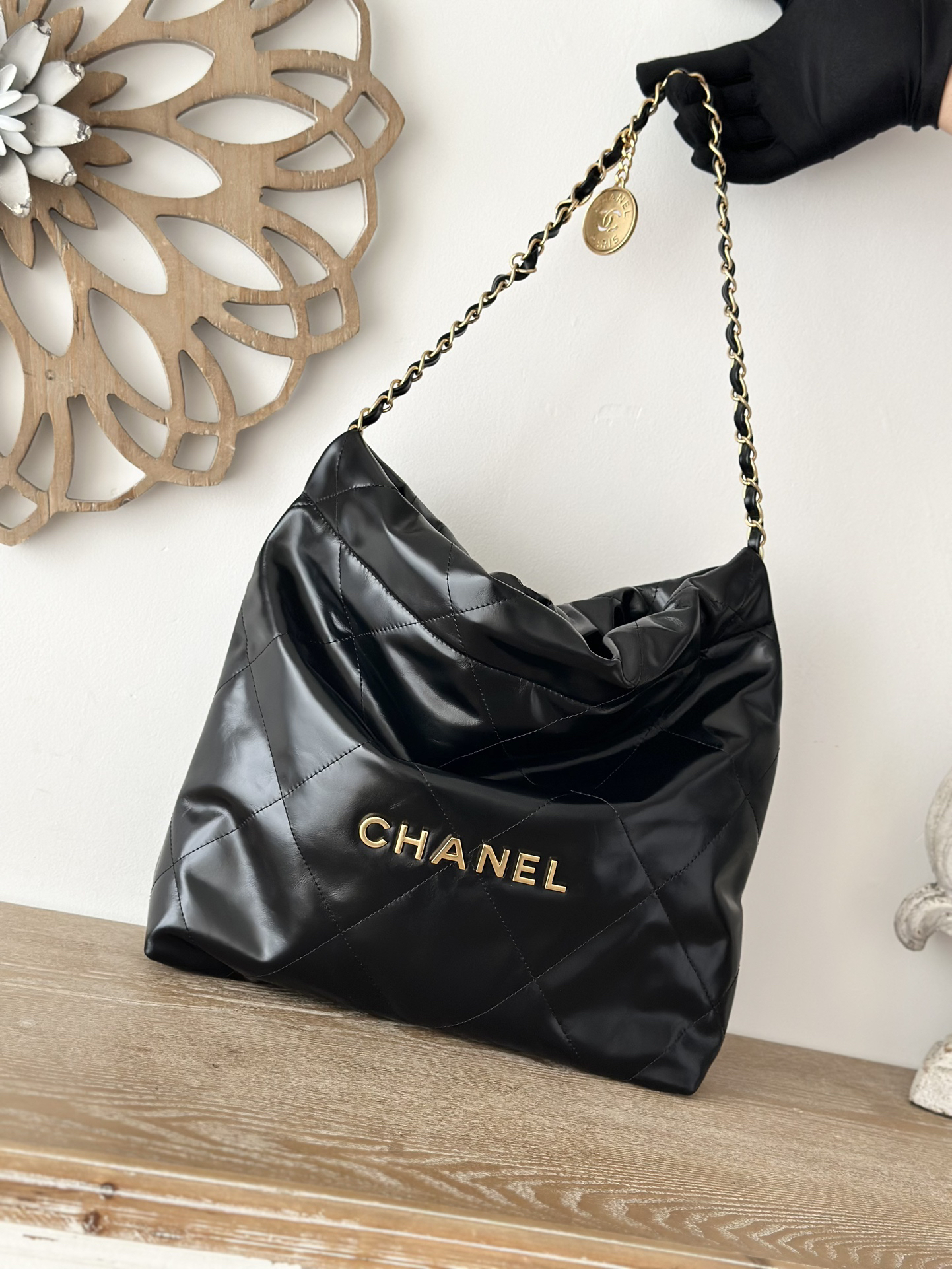 bag1201 Chanel 22 Bag Small Black Gold Hardware