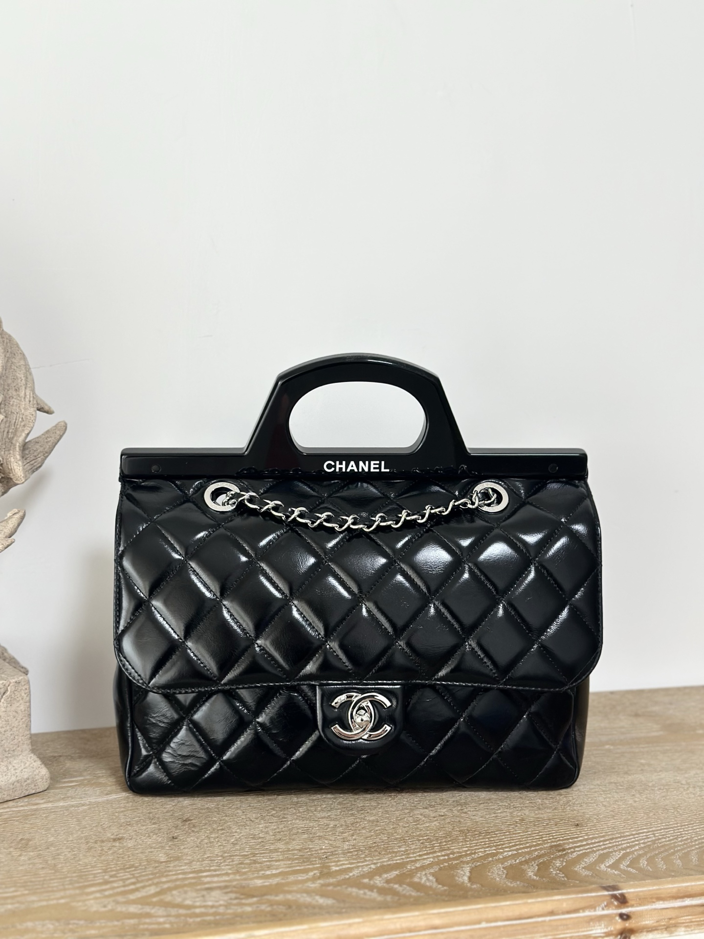 bag1488 Chanel Top Handle Black Silver Hardware