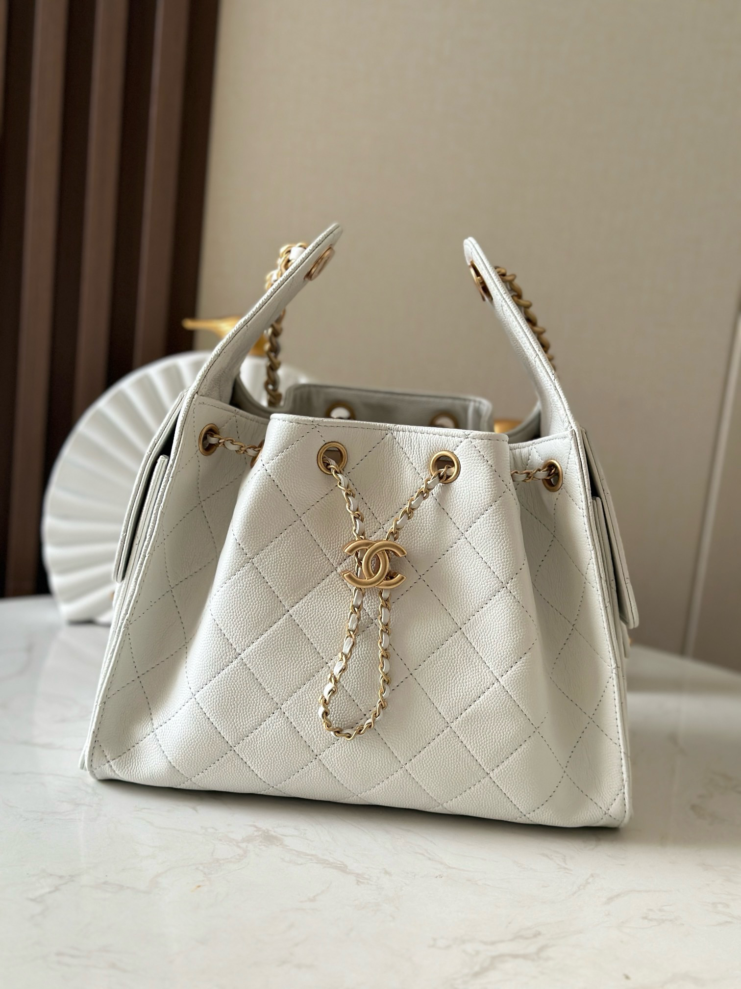 bag2056 Chanel Hobo Small White Gold Hardware