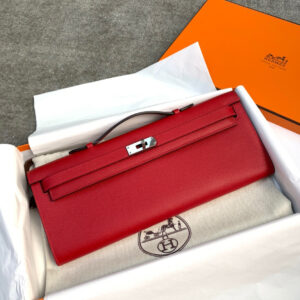 hm0286 Hermes Kelly Pochette Clutch Bag Red Silver Hardware