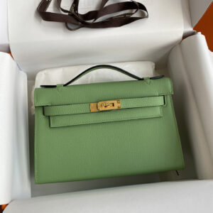 hm0288 Hermes Kelly Pochette Clutch Bag Green Gold Hardware