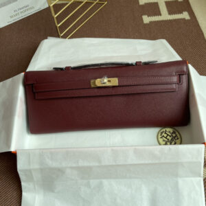 hm0294 Hermes Kelly Pochette Clutch Bag Burgundy Red Silver Hardware