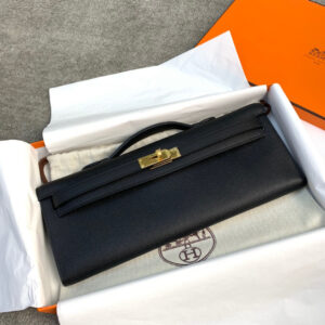 hm0306 Hermes Kelly Pochette Clutch Bag Black Gold Hardware
