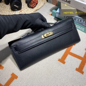 hm0307 Hermes Kelly Pochette Clutch Bag Black Silver Hardware