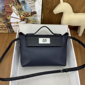 hm0495 Hermes Evelyne Shoulder Bag Black Blue Silver Hardware