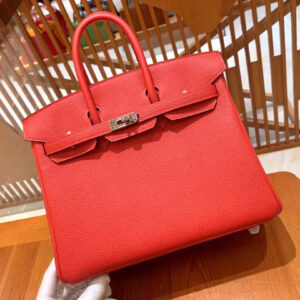 hm0599 Hermes Birkin Top Handle Bag Red Silver Hardware