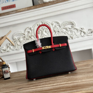 hm0634 Hermes Birkin Top Handle Bag Black Red Gold Hardware