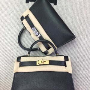 hm0917 Hermes Kelly Top Handle Bag Black Red Silver Hardware