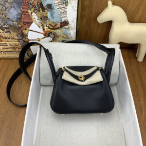 hm0974 Hermes Lindy Top Handle Bag Black Blue Gold Hardware