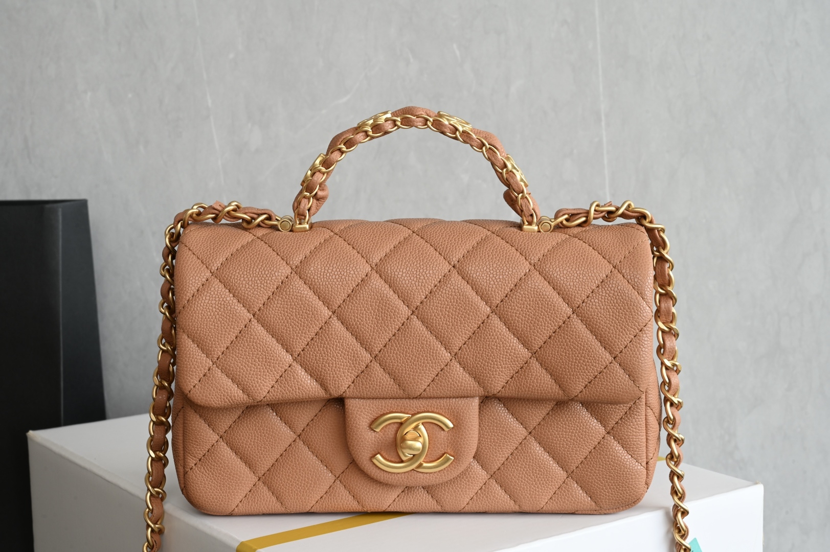 bag0573 Chanel Top Handle Mini Brown Gold Hardware