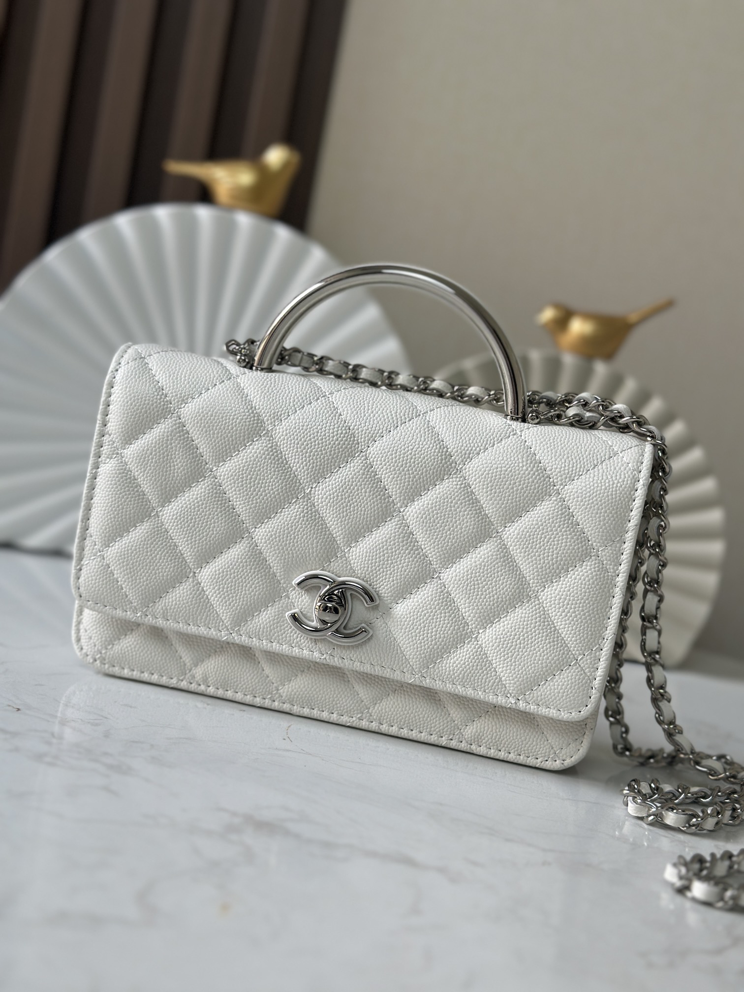 bag0637 Chanel Top Handle White Silver Hardware
