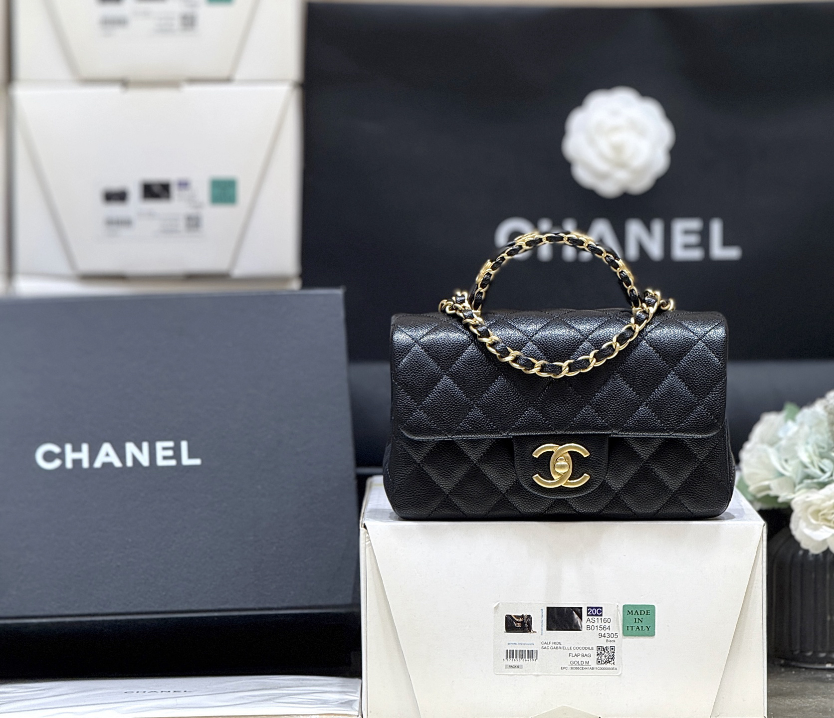 bag0866 Chanel Top Handle Mini Black Gold Hardware